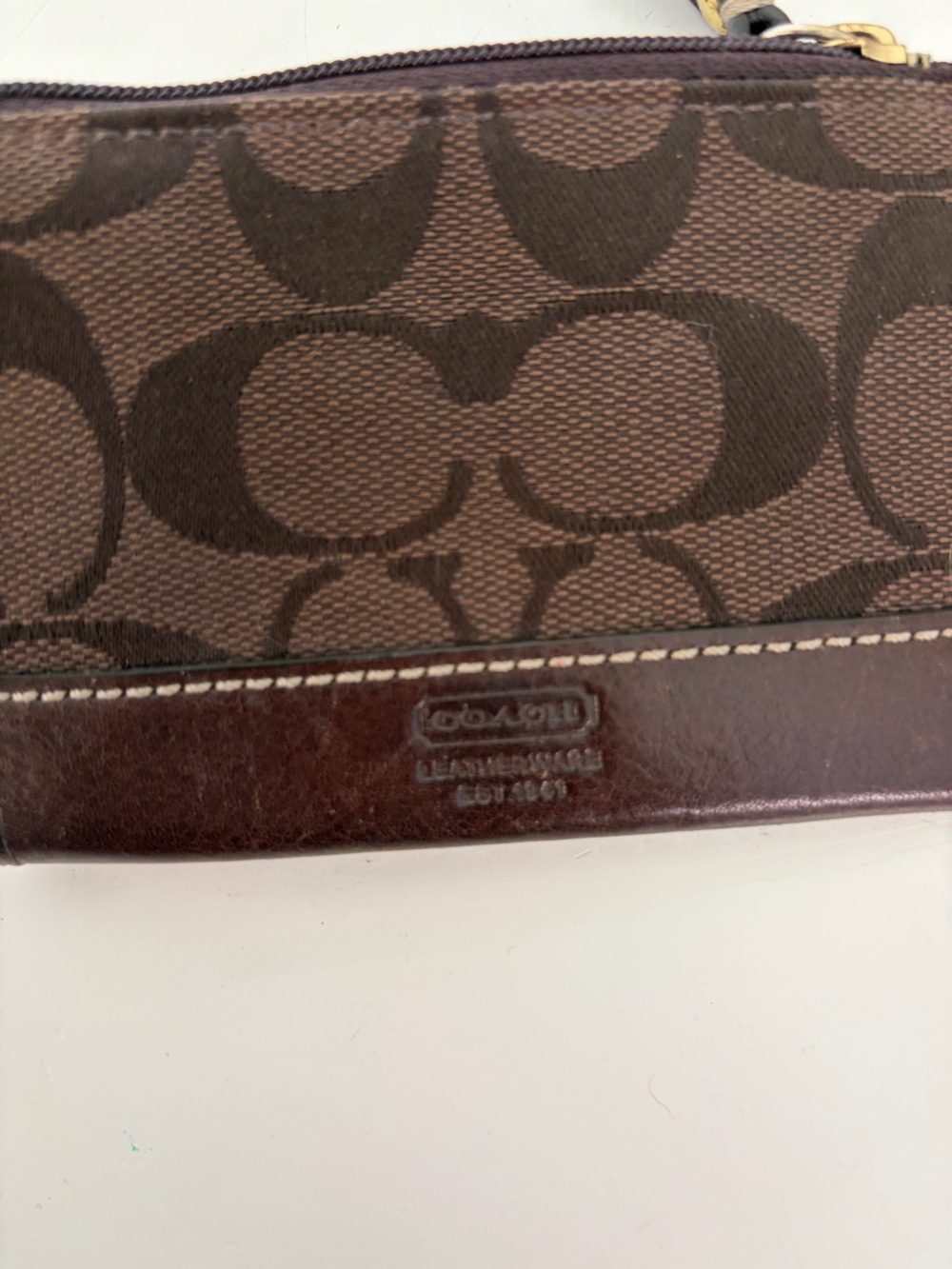 Coach Signature Jacquard Brown Leather Zip Keychain Coin Purse Card Case - Picture 2 of 8